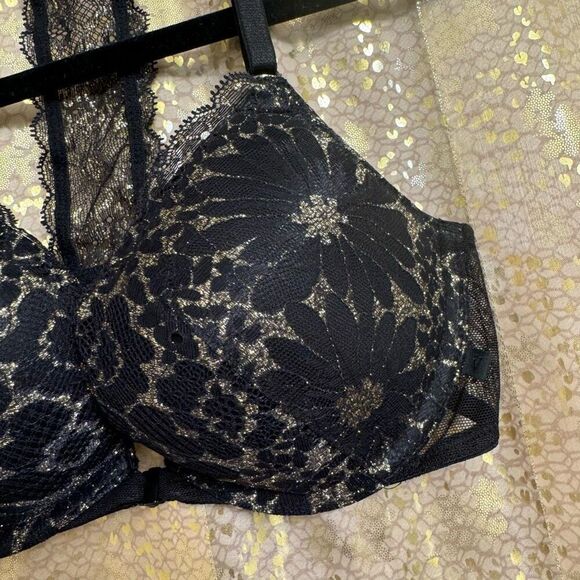 Victorias Secret Black Metallic Gold Push Up Front Clip Racerback Bra 32C - Picture 3 of 6